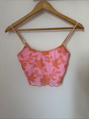Princess Polly Orange + Pink Floral Crop Tank Top - spaghetti strap